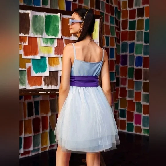 Women/Girl Print Mesh Flare Hem Belted Slip Dress Baby Blue - Picture 2 of 5